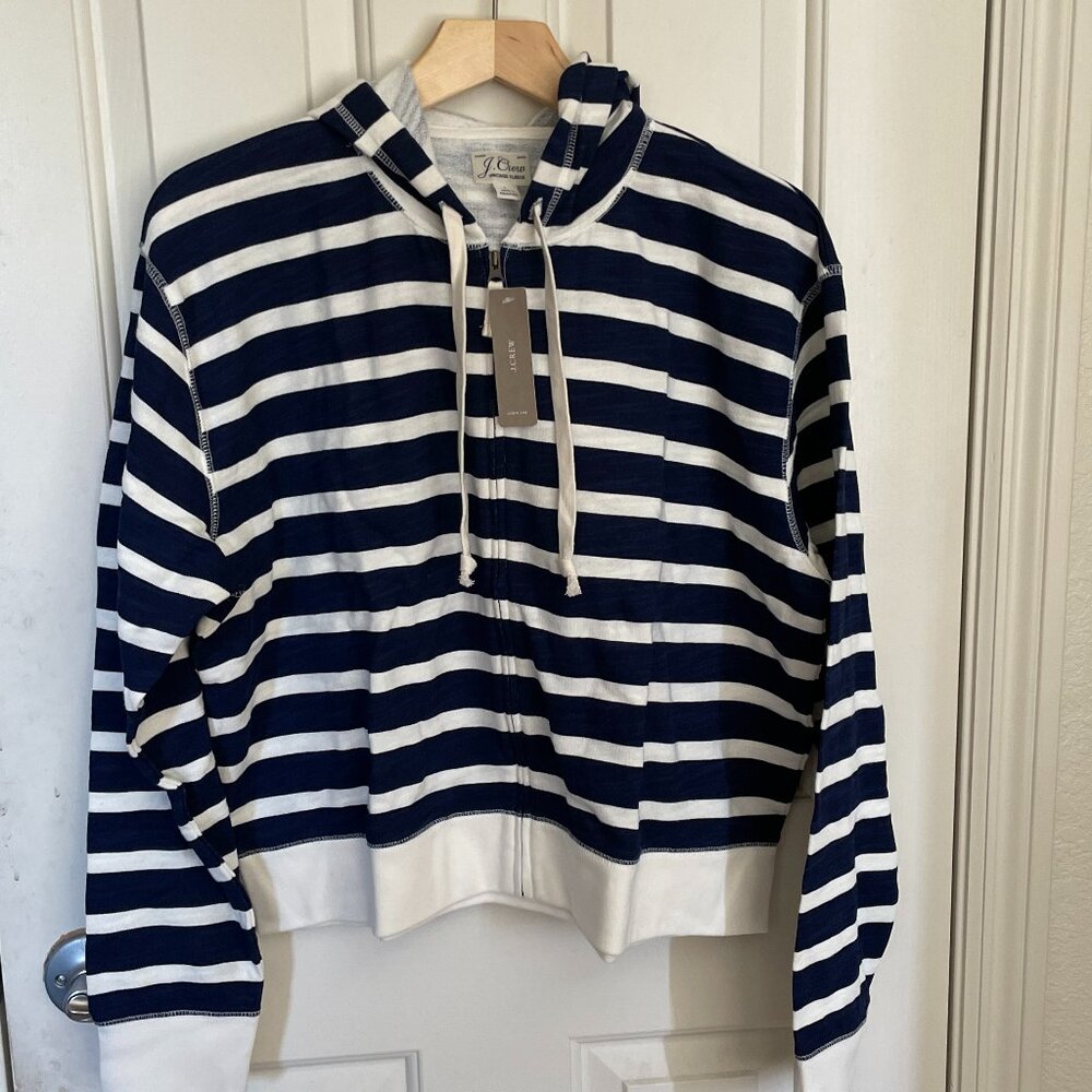 NEW J Crew Vintage cotton terry cropped hoodie in stripe L NWT Navy Full Zip